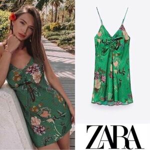ZARA Green Satin‎ Mini Floral Print Slip Dress size Small S Vacation Date Party